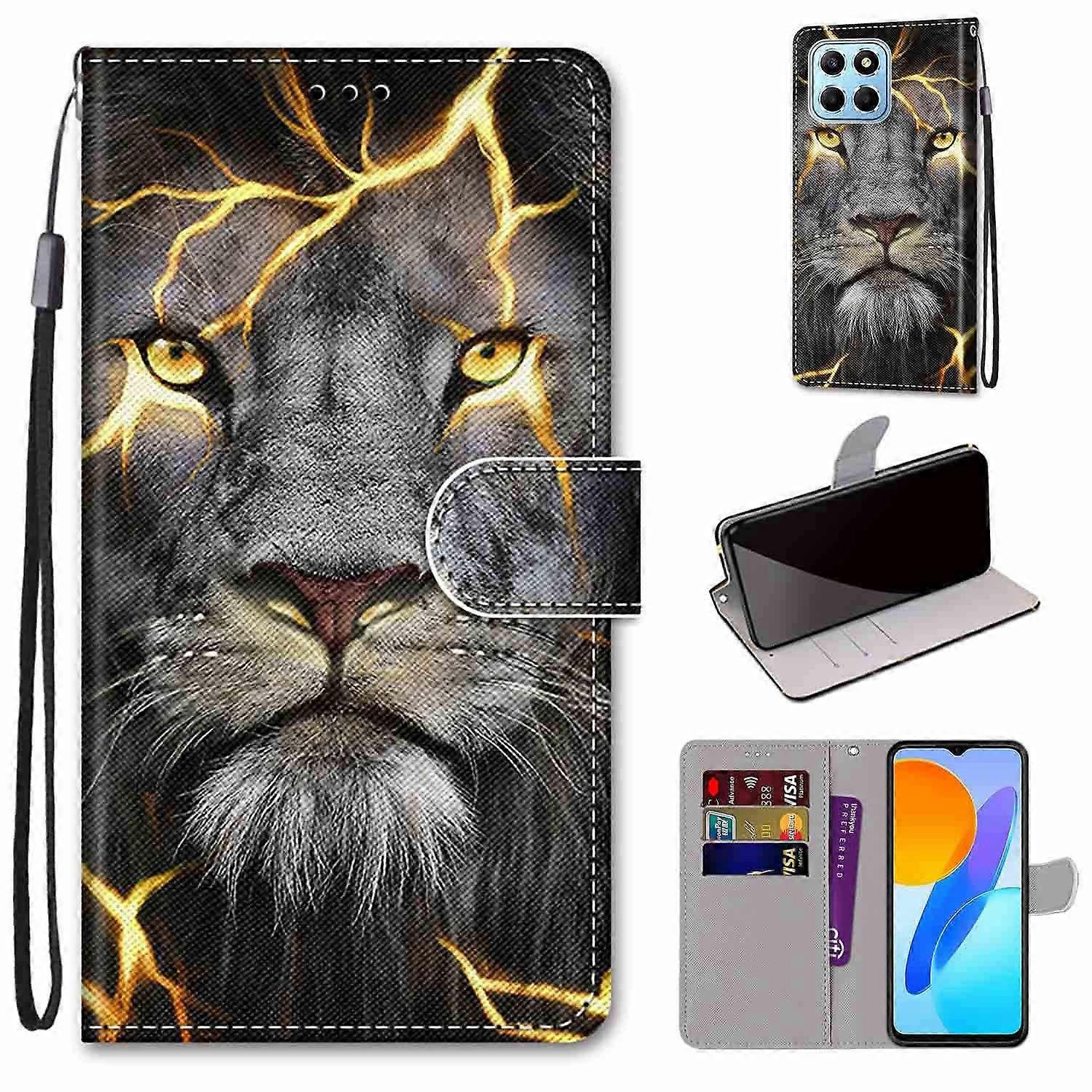 Case for Honor X6 Premium PU Leather Wallet Case With 3 Card Slots Scratch-Resistant Flip Case Black Lion