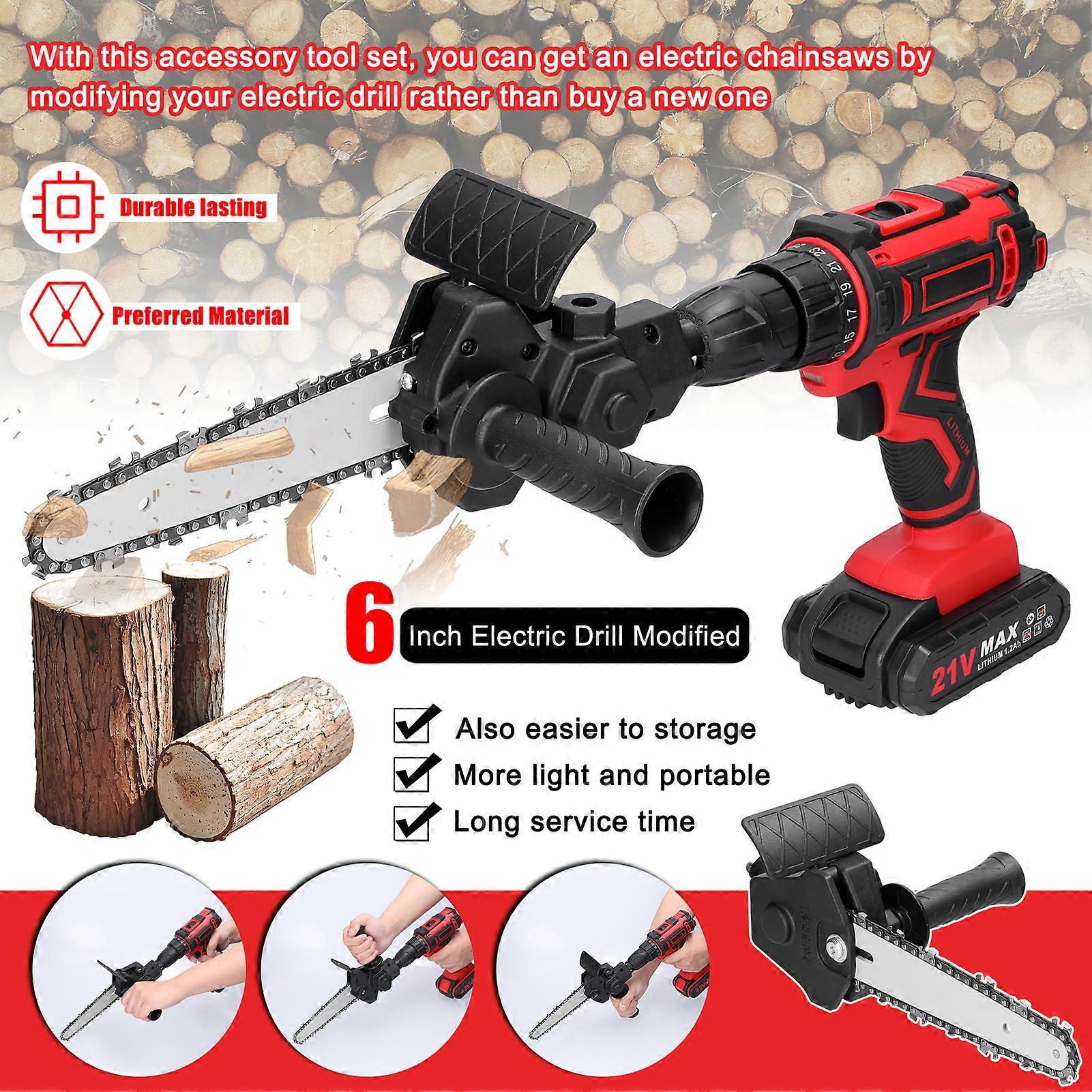 6 Inch Electric Drill Modified To Electric Chainsaw Tool Attachment Electric Chainsaws Accessory Practical Modification Tool Set Woodworking Cutting 