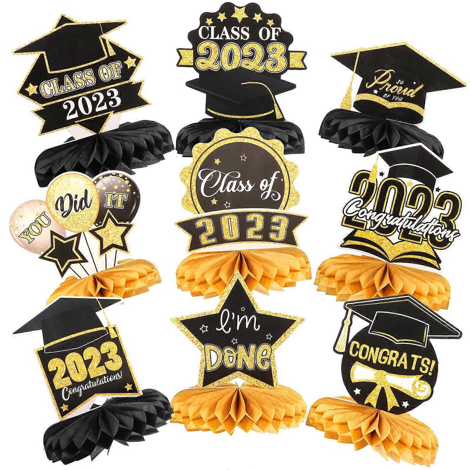 9pcs Graduation Honeycomb Centerpieces, Black Lightweight Decorations for Party Classroom Desktop Easy to Store