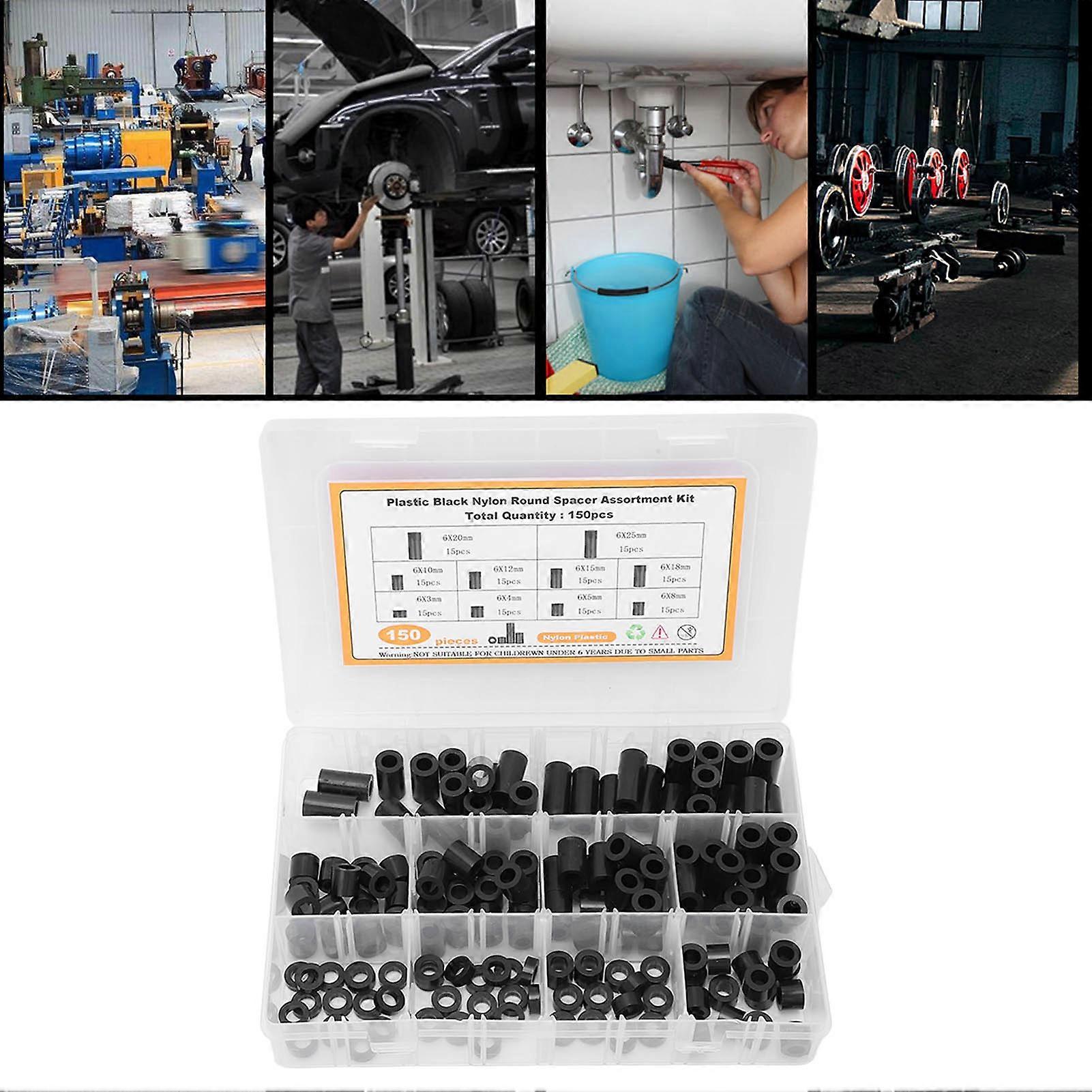 150Pcs Nylon Spacers Assortment Round Plastic for Screws Hardware Standoff Kit Black 