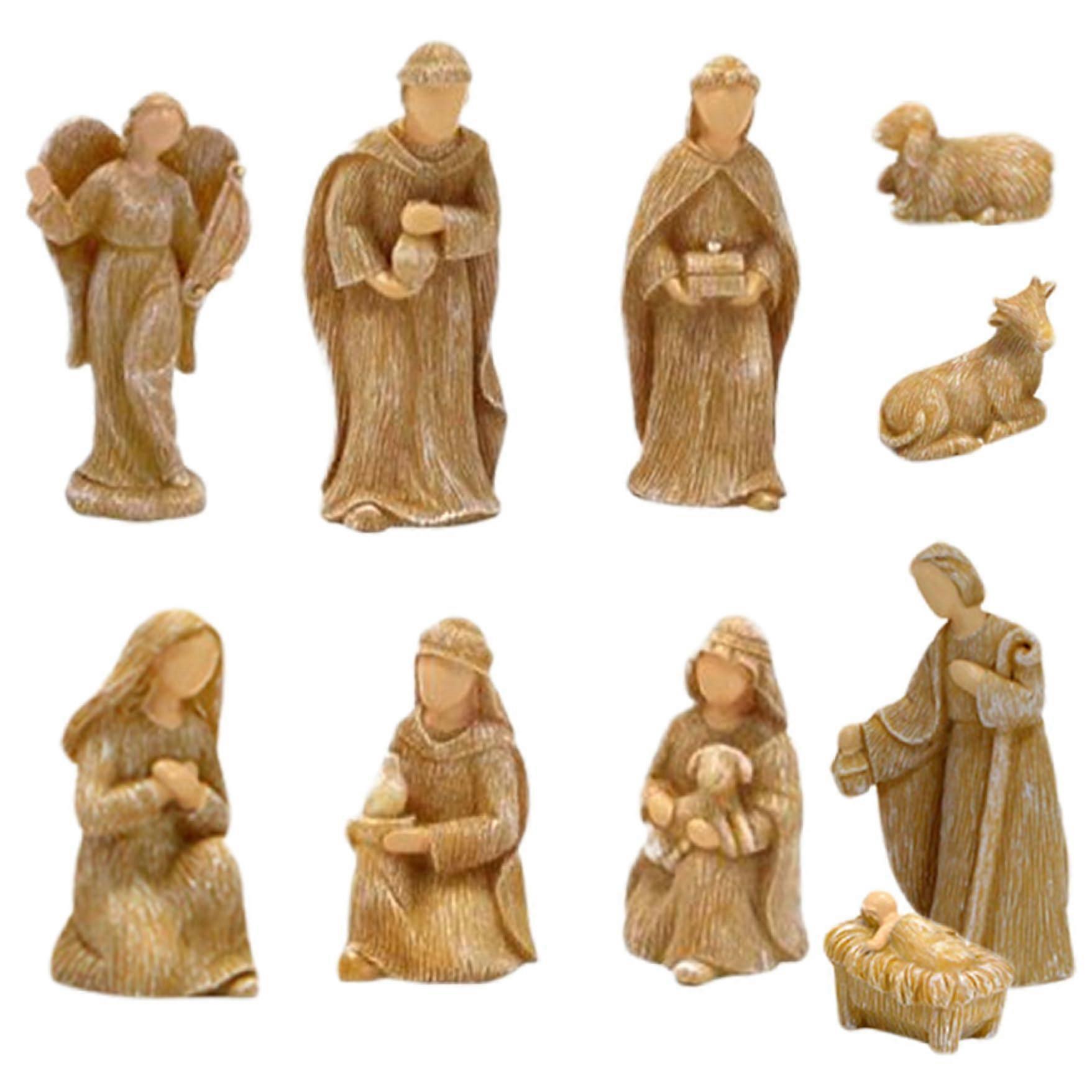 Nativity Set Figures 10Pcs/Set Simulated Religious Nativity Decorative Resin Scene for Tabletop, Mantel, Tiered Tray, Christmas Decorations