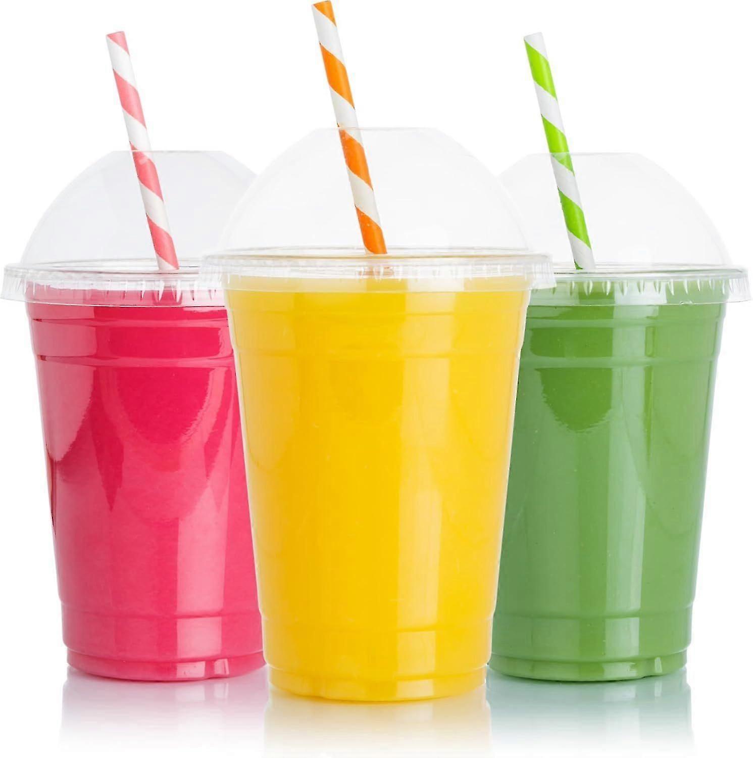100pcs Recyclable Plastic Smoothie Cups with Dome Lids - Disposable 100 Pack