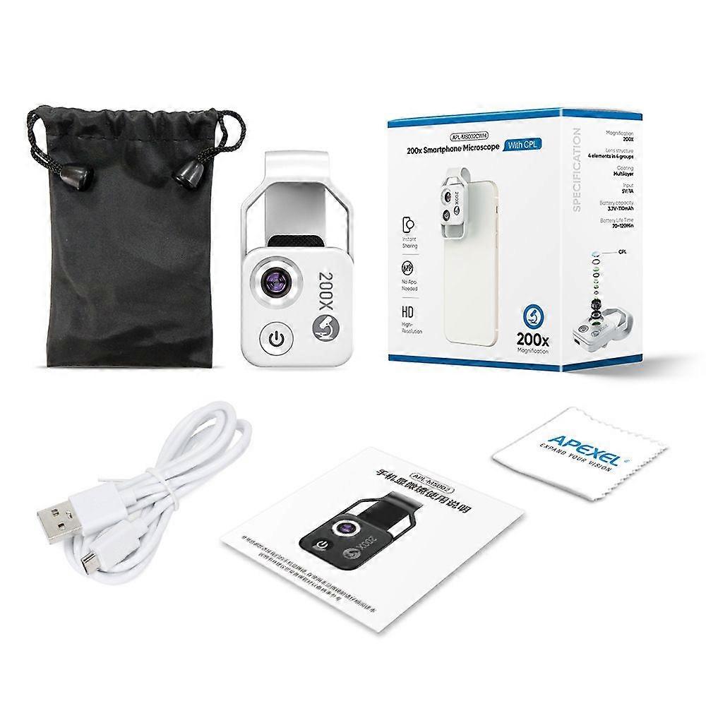 Portable 200X Digital Microscope with CPL Lens & LED Light Smartphone Microscope Attachment for Science Exploration White