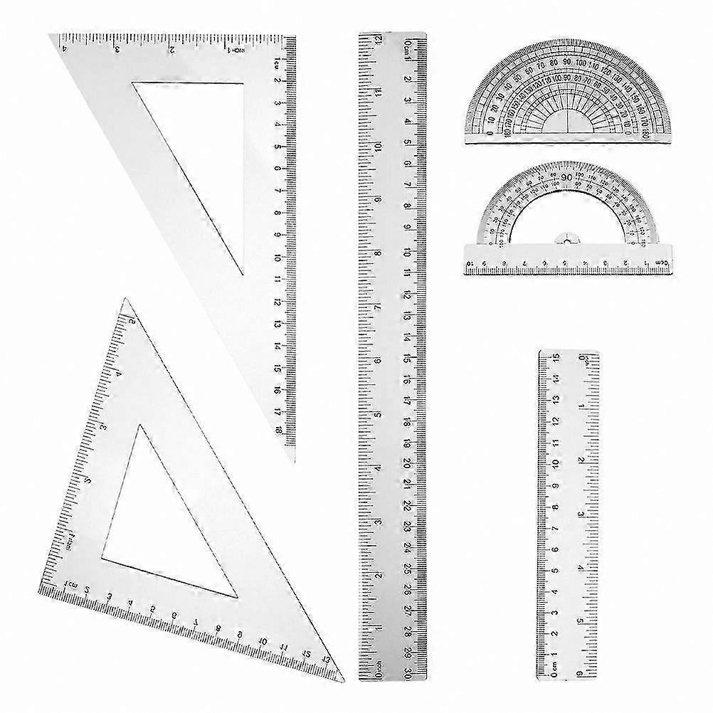 Geometry Set for Students - 6 Piece Clear Tools Including Protractor and Triangle Rulers for School Use