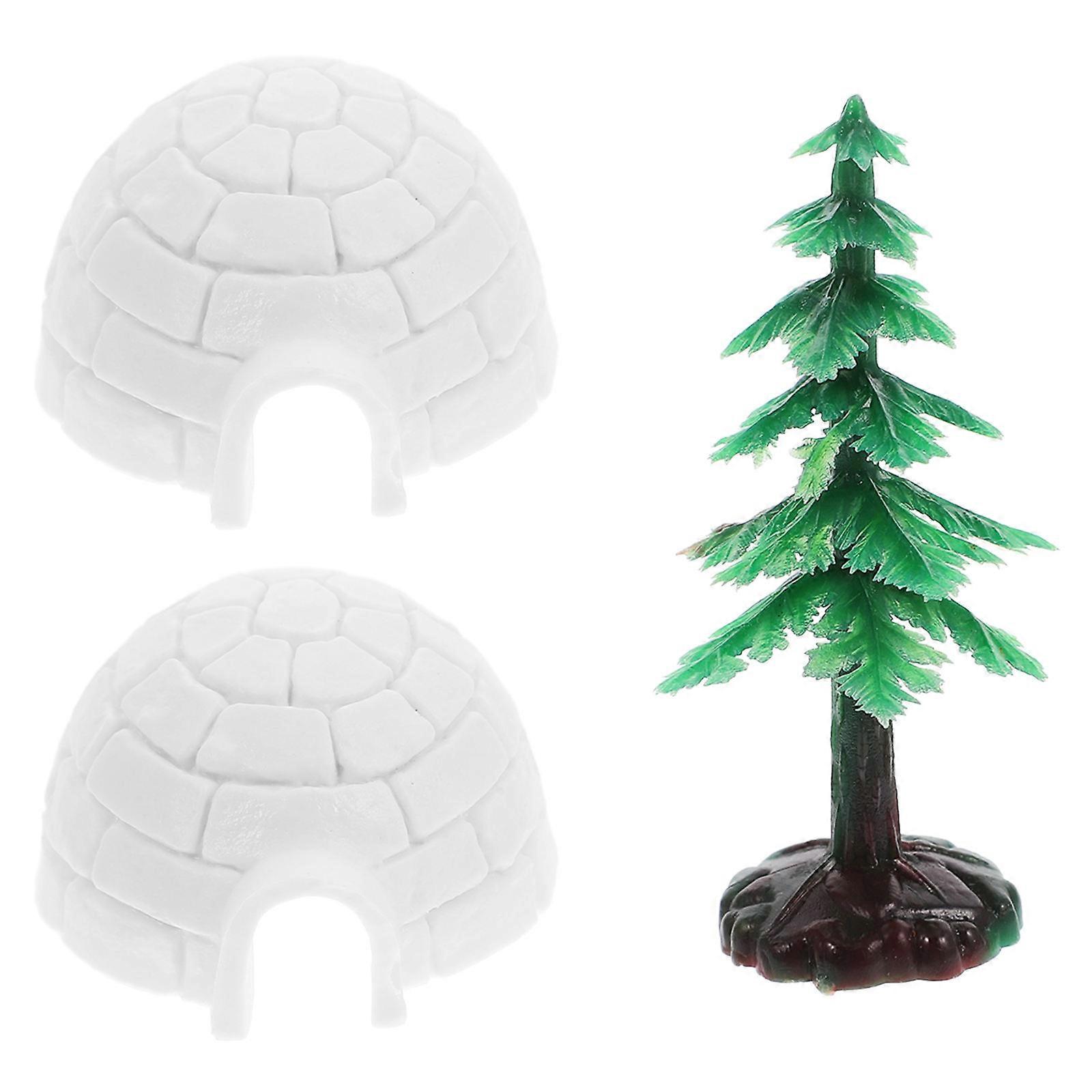Mini Xmas Trees Ice House Statue for Decoration 3Sets Durable Plastic