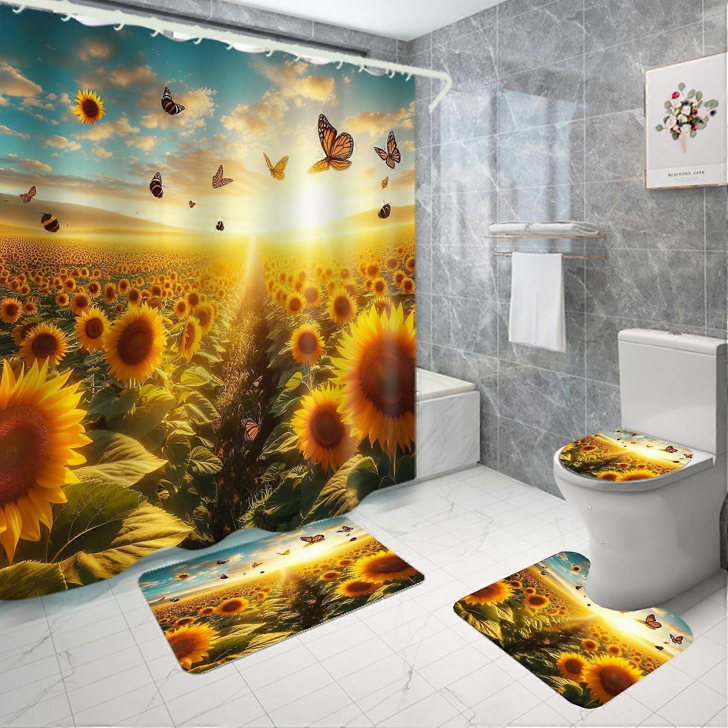 Shower Curtains with Bath Rugs, Non-Slip Toilet Lid Cover, Waterproof Tub Sets, 3D Print Polyester, 4-Piece Beach Starfish Design