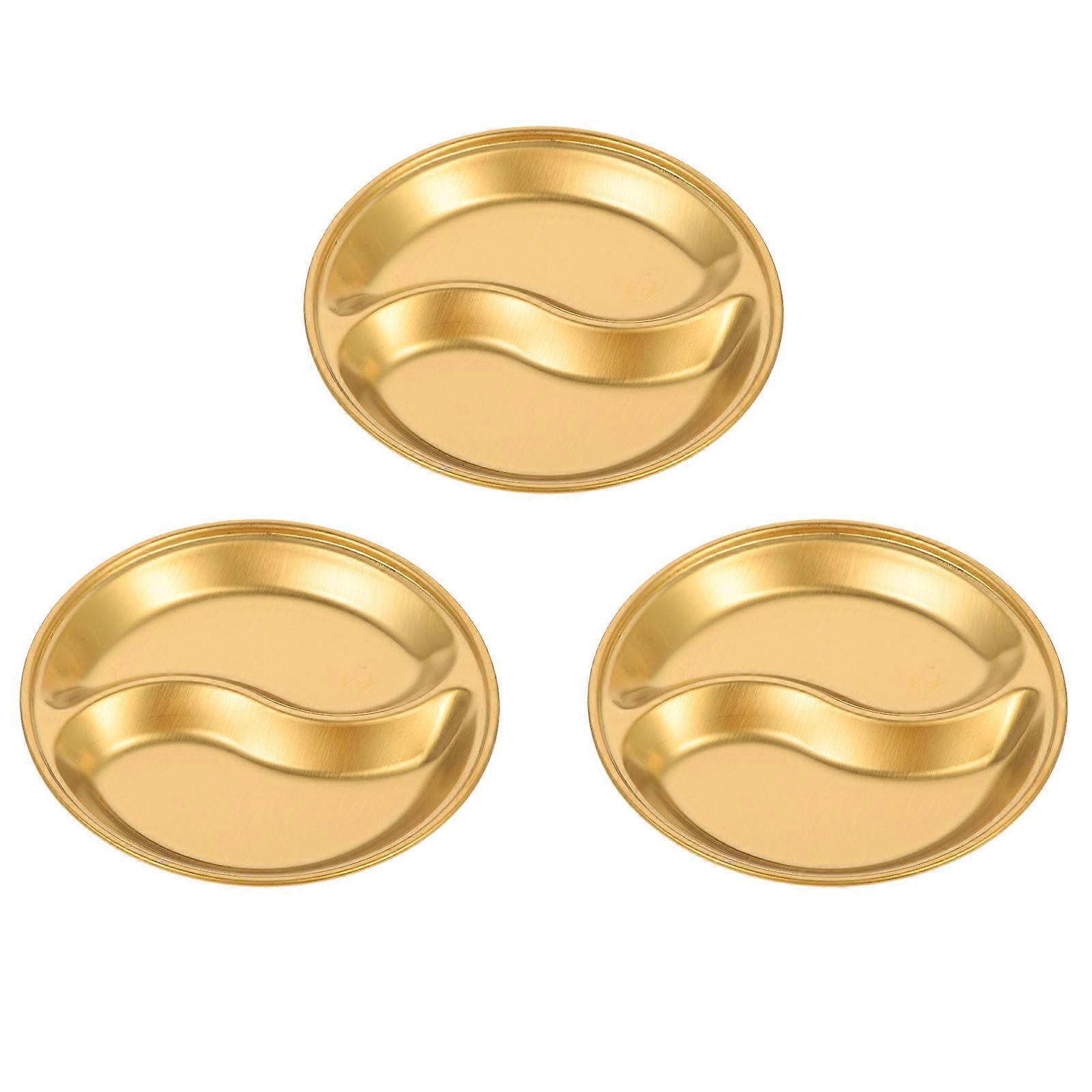 Stainless Steel Seasoning Plates with Multi-Grid Function Golden 3Pcs Set