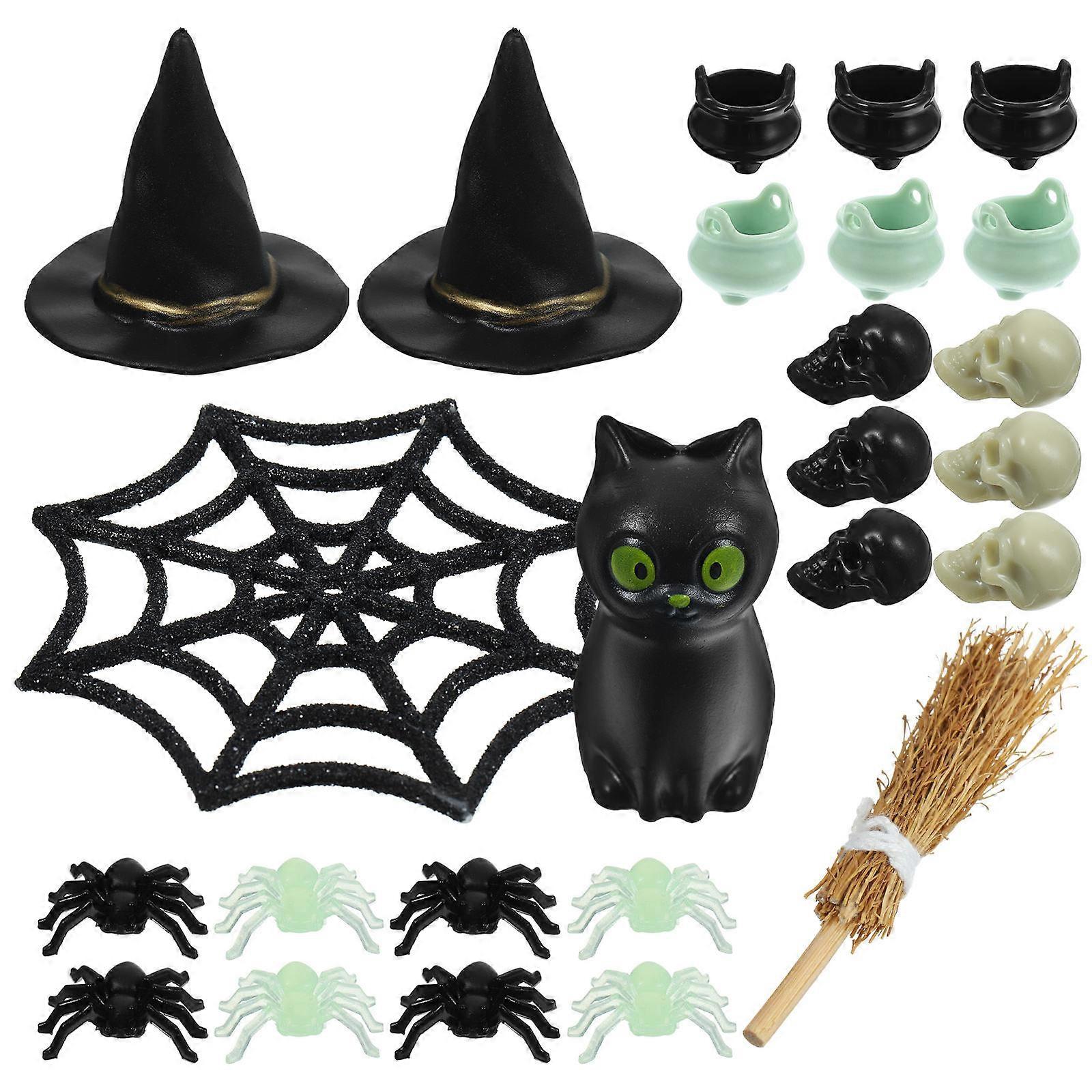 2 Sets Halloween Miniature Party Decor For Children With Black Skull Heads And Witch Caps 8X8CM