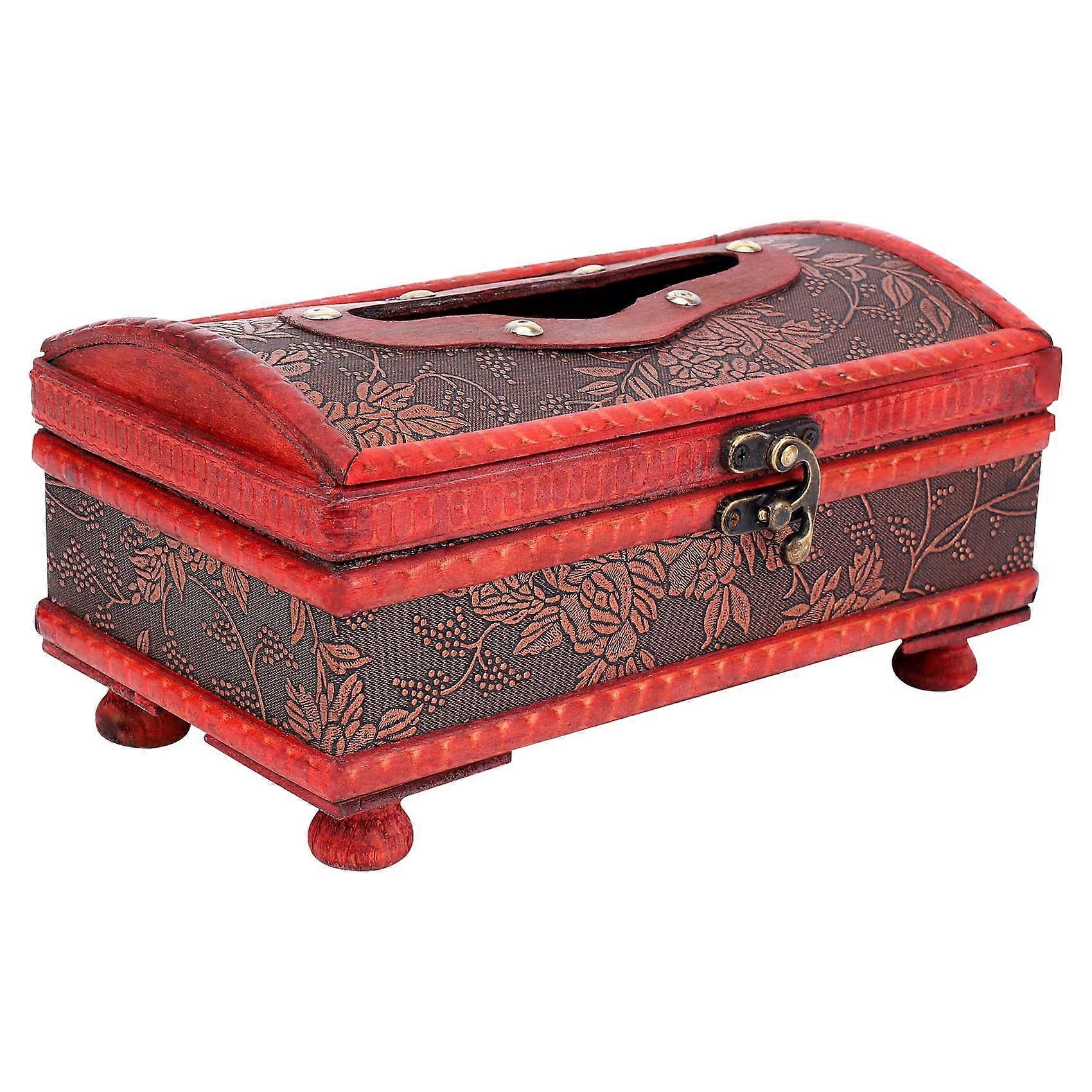 Retro Copper Ring Pattern Wooden Paper Box Holder Decor :Retro Red