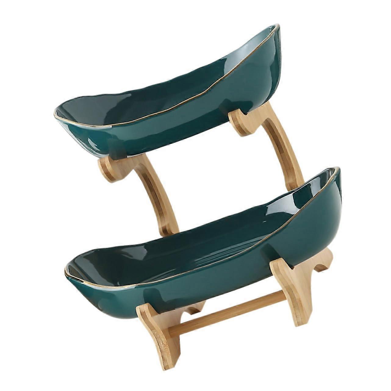 Double Layer Ceramic Fruit Storage Tray with Elegant Wooden Frame for Home and Restaurant