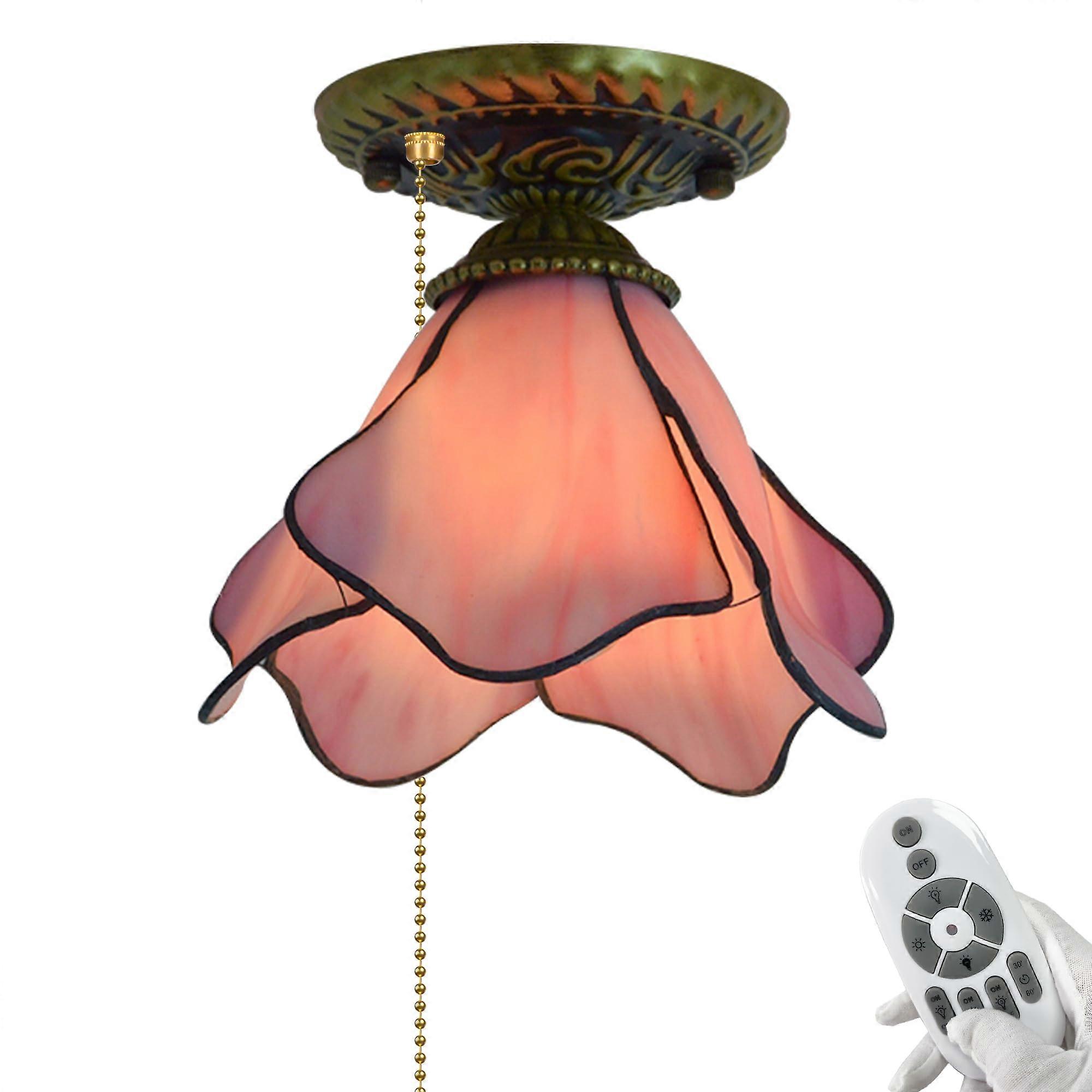Stained Glass RV Ceiling Light with Zipper Switch, Dimmable LED, Pink Cone Fixture