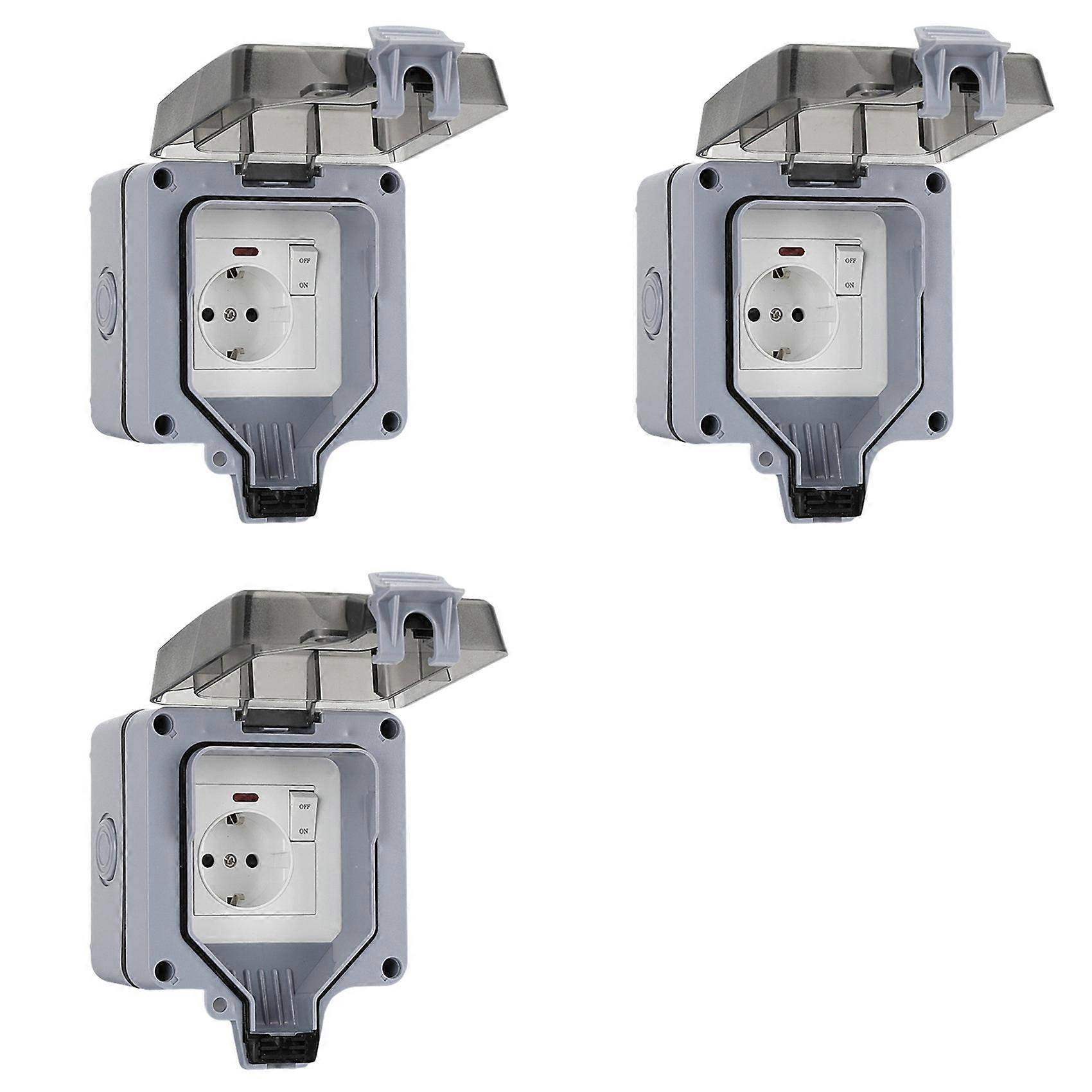 3X IP66 Extension Lead 16A Rainproof Charging Socket Outdoor Socket Waterproof Box with Independent Switch EU Plug