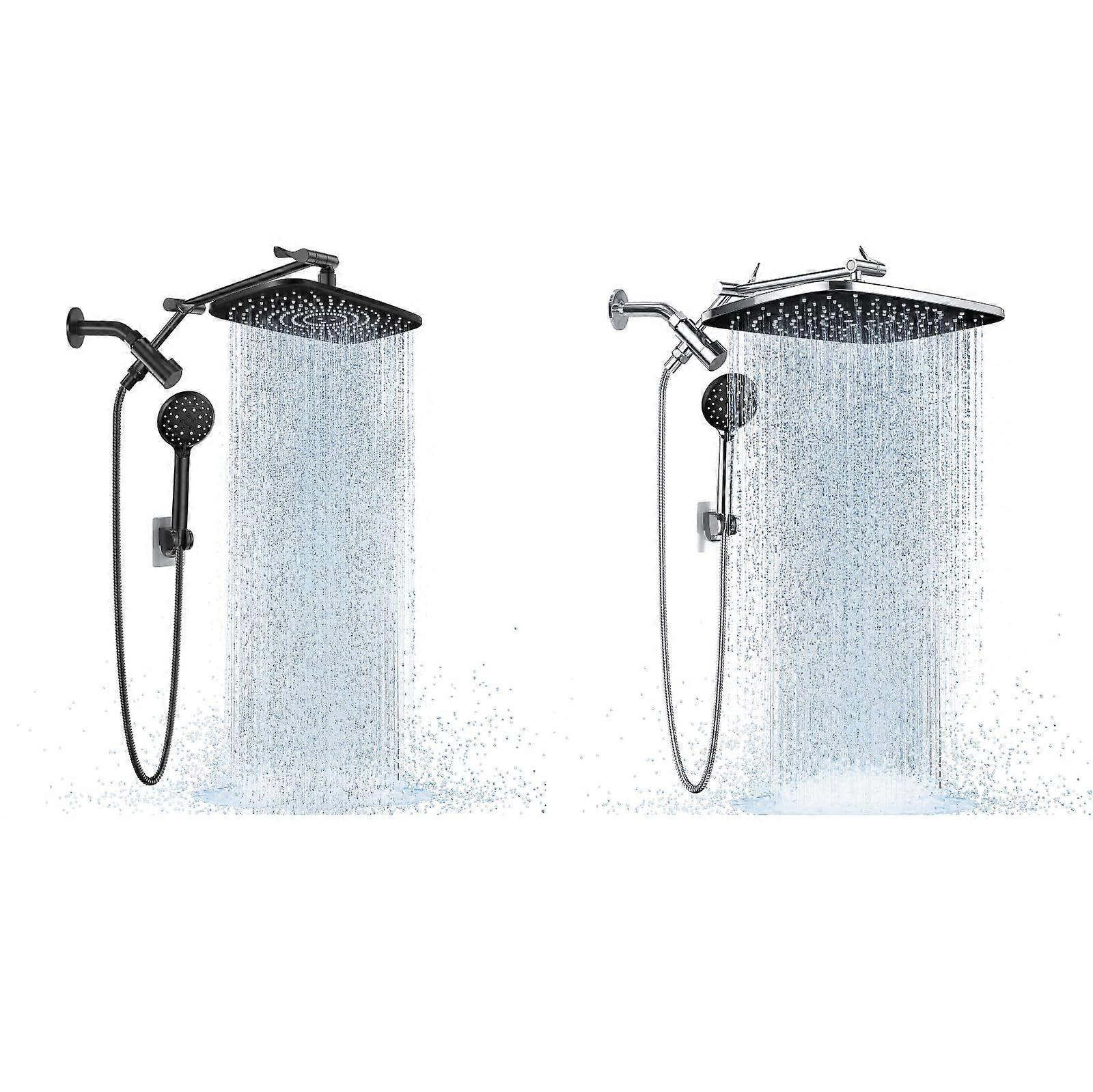 12 Inch Rainfall Shower Head with Handheld, Black and Chrome Dual Head, Adjustable Extension Arm