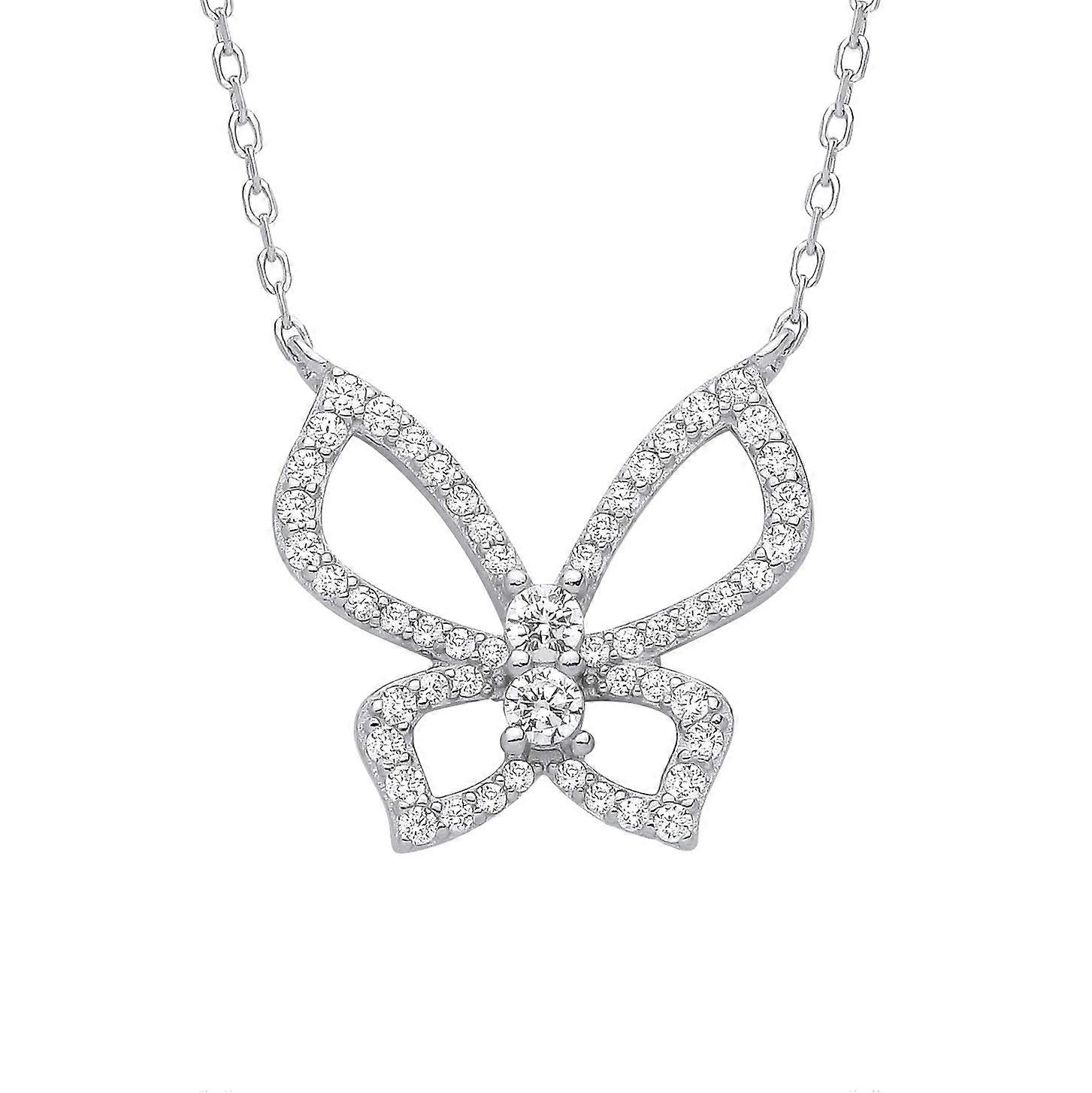 Jewelco London Ladies Rhodium Plated Sterling Silver CZ Art Deco Butterfly Outline Bow Lavalier Necklace 16 + 2 inch
