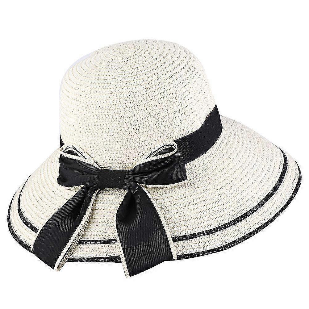 Round Straw Hat with Large Bow - Women's Sun Hat