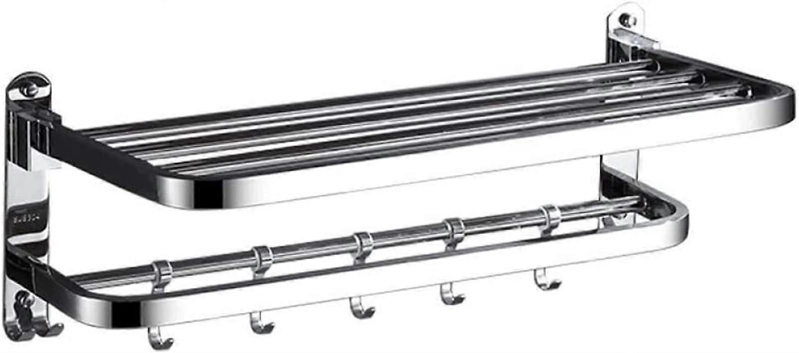 Bathroom Towel Rack Stainless Steel Foldable Double Layer Wall Mounted with Hooks 60cm Rustproof