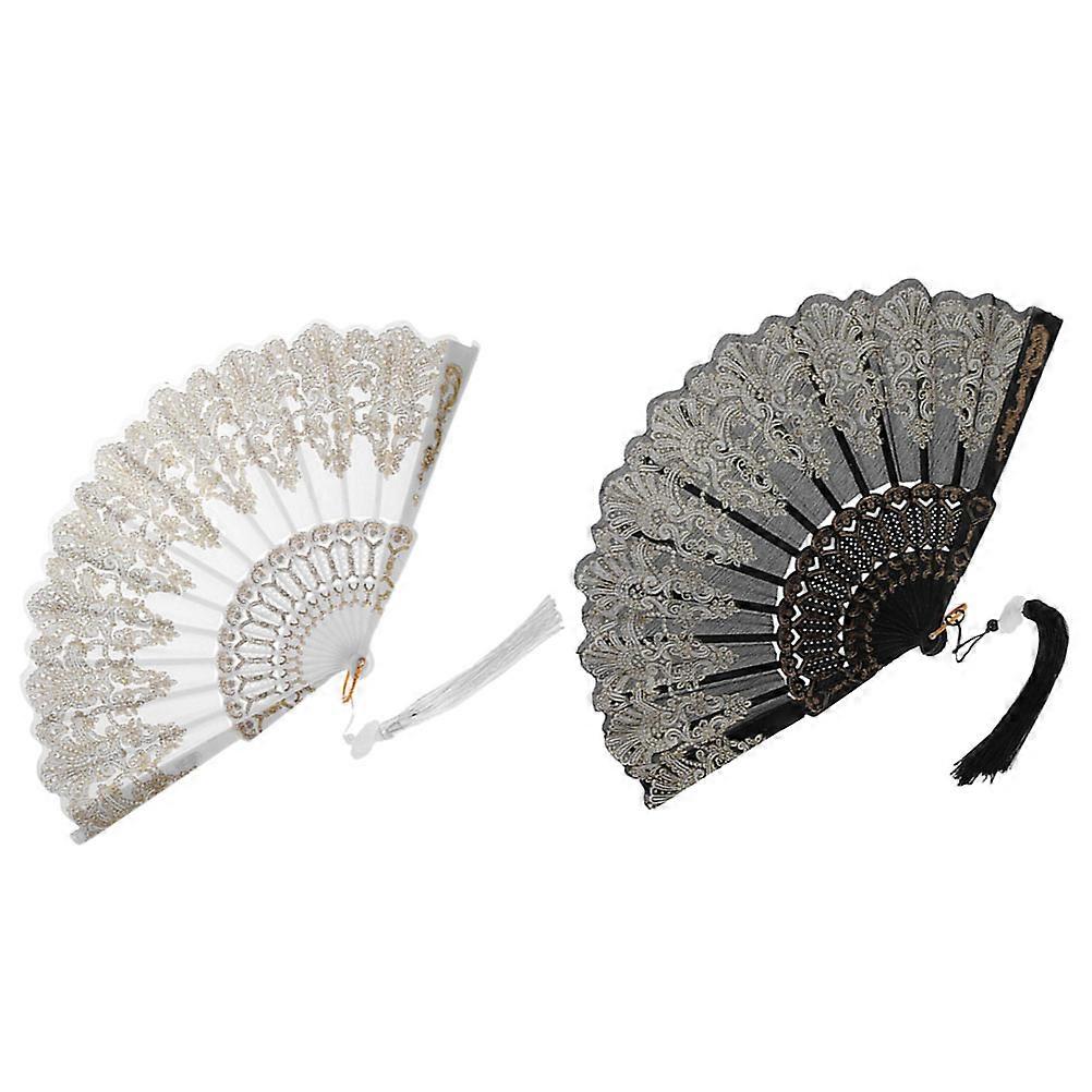 2Pcs Elegant Embroidered Folding Hand Fan Delicate Pattern Handheld Dancing Fan