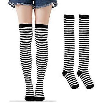 Pair of Women's Black and White Pinstriped Thigh High Over the Knee Stocking Socks (Black & White)
