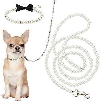 White Pearl Necklace Collar and Beaded Leash for Dog Pet Cat Set,47.2 inch Beaded Pet Chew-Proof Leash Extension with Alloy Clasp