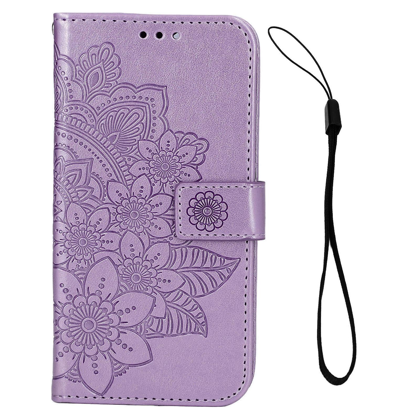 Purple iPhone 13 Wallet Case - Flower Embossed PU Leather, Card Slots, Stand Function