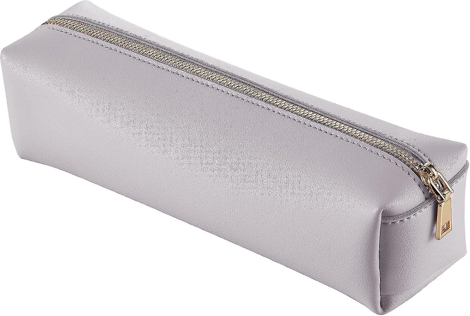 Leather Pencil Case, Simple Pen Pouch, Metallic Zipper, Grey