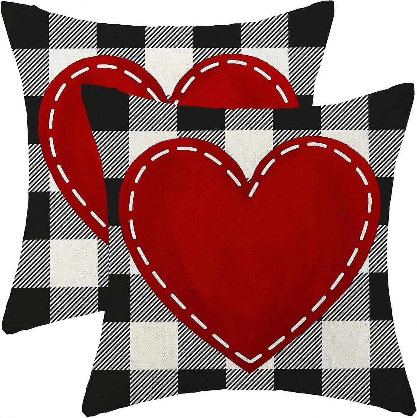 Valentine's Day Pillow Covers 18x18 Set of 2, Red Heart Buffalo Plaid Valentine's Day Throw Pillows Love Heart Cushion Case Valentine's Day Decor for