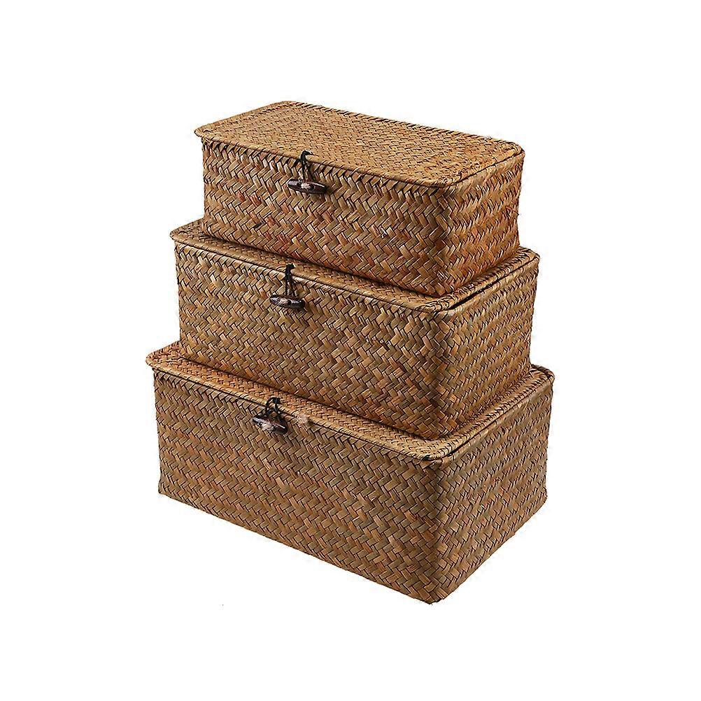 3pcs New Seaweed With Button Woven Basket Straw Woven Debris Desktop Storage Box Hand-woven Storage Basket - Size S, M, L