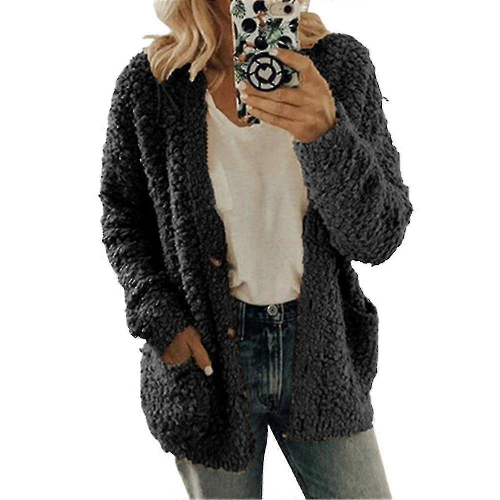 Women's Warm Plush Winter Jackets Long Sleeve Cardigans With Pockets Solid Color