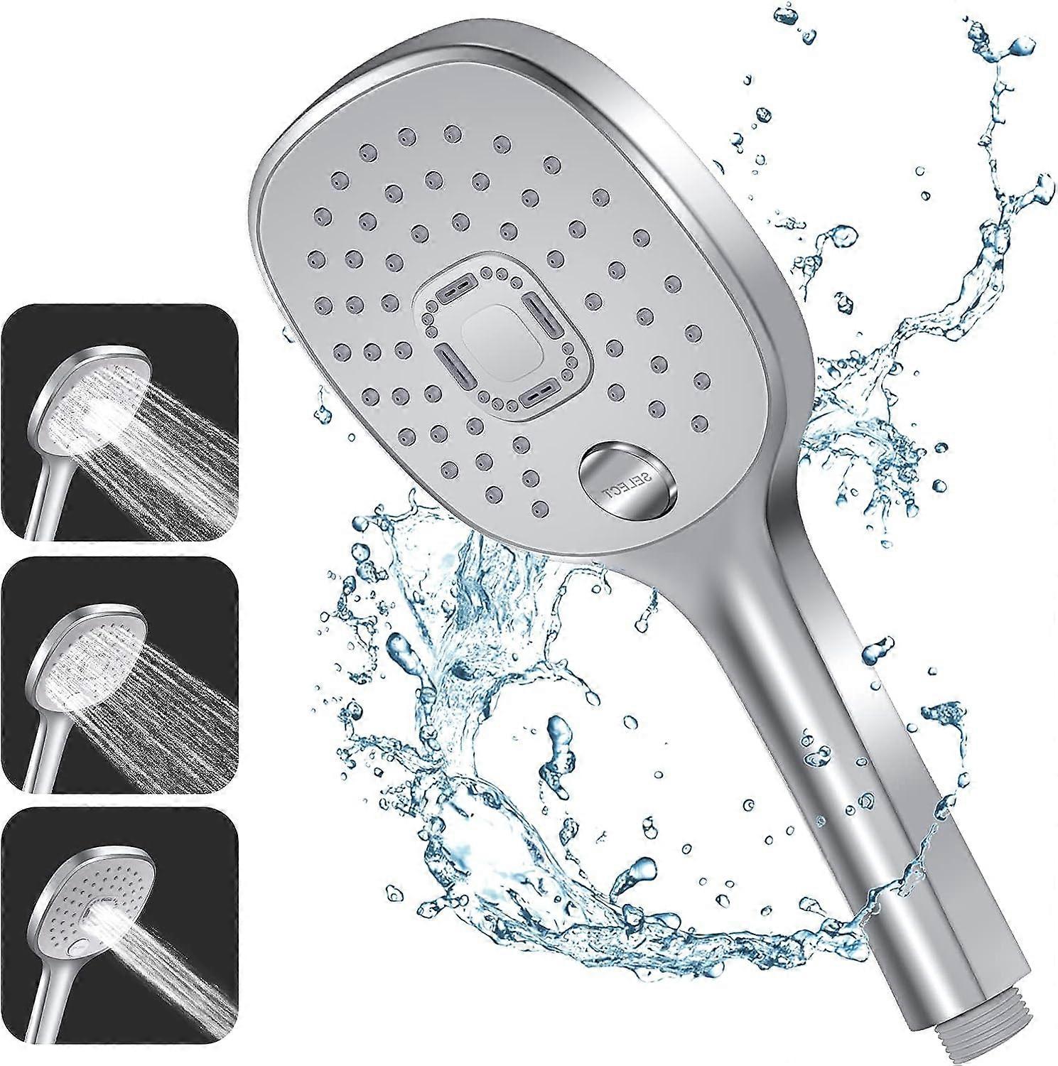 Shower head, 3 spray patterns, durable handle and eco-friendly silicone nozzle, large silver shower head (without shower head),2024 Ping