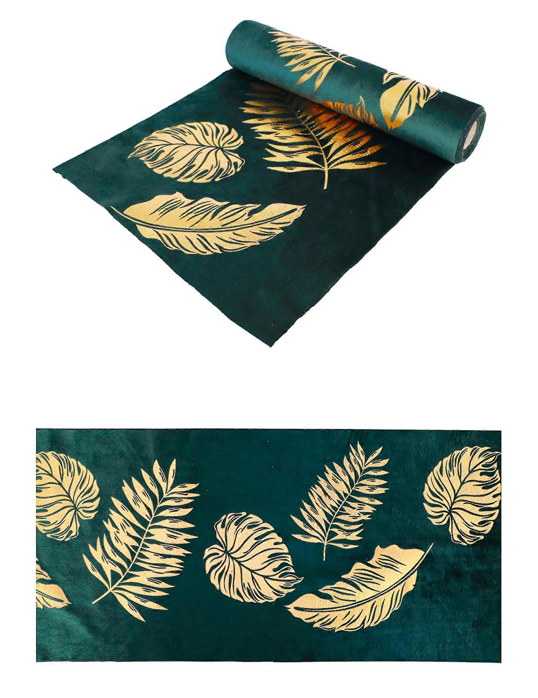 Chemin de table en velours vert feuilles dores 28 cm x 3 m