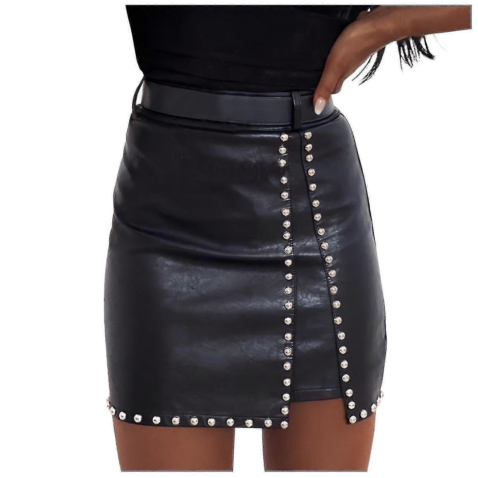 Mode Damen Sexy Lederrock Solid Perlen Rock Split Rock Minirock-DF