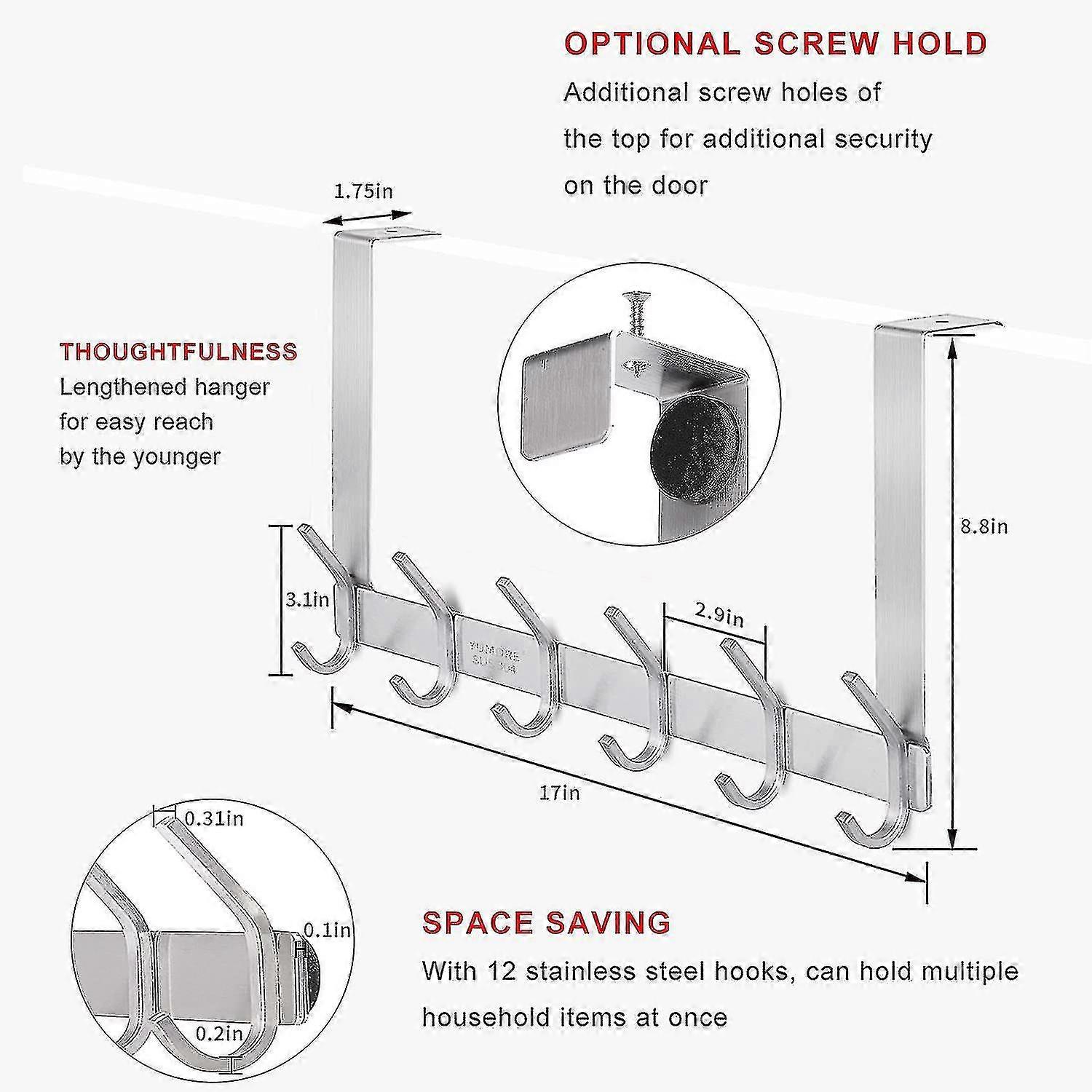 YUMORE Over The Door Hooks - 12 Hook Stainless Steel Organizer Rack For Towels, Coats, Hats