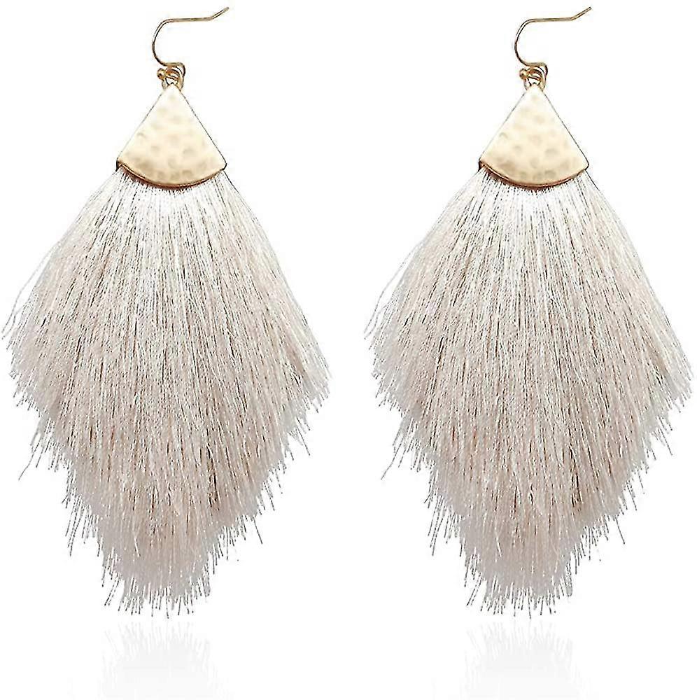 Bohemian Silky Thread Fan Fringe Tassel Statement Earrings Lightweight