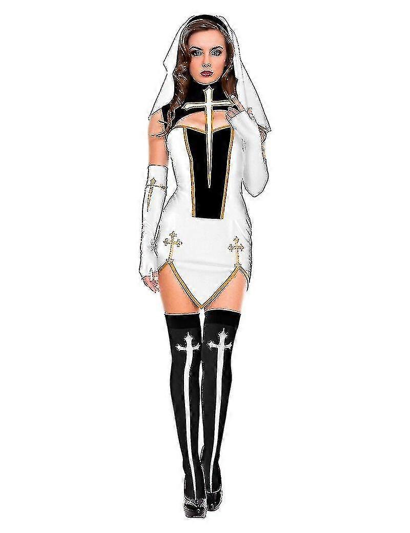 جديد راهبة زي النساء البالغات مع جوارب هوديي بيضاء لحزب أخت هالوين Costume_y جودة عالية
