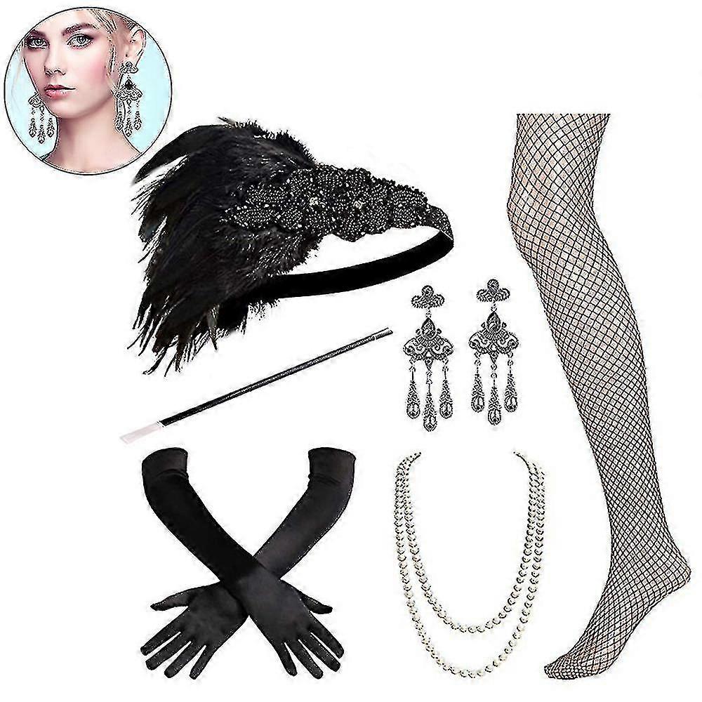 1920s الملحقات مجموعة رفرف طوق الرأس، والأقراط، وقلادة اللؤلؤ، والقفازات