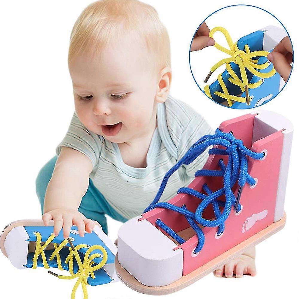 Wooden Sneaker Lacing Up Practice Toy Learn To Tie Shoes Tie-up Shoe Threading Toy For Toddler Early Education