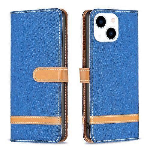 För iPhone 15 Color Block Denim Texture Läder Telefonfodral