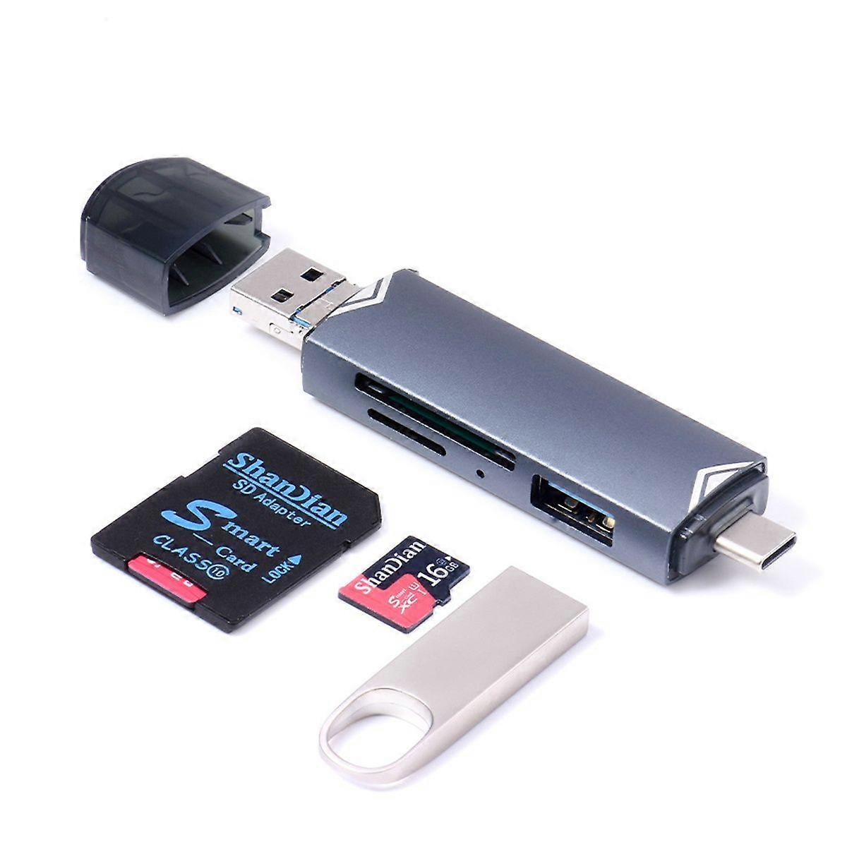 New multi-function 6-in-1 card reader TF/SD/U disk/type-c OTG universal expansion high-speed card reader-gray
