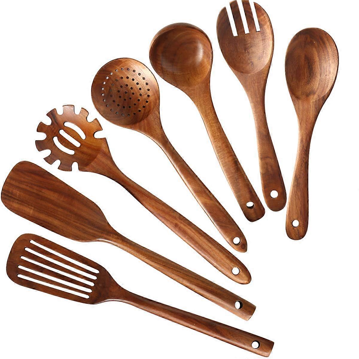 Teak Wood Utensil Set 7-Piece Cooking Utensils With Spoon And Ladle Natural Teak Finish