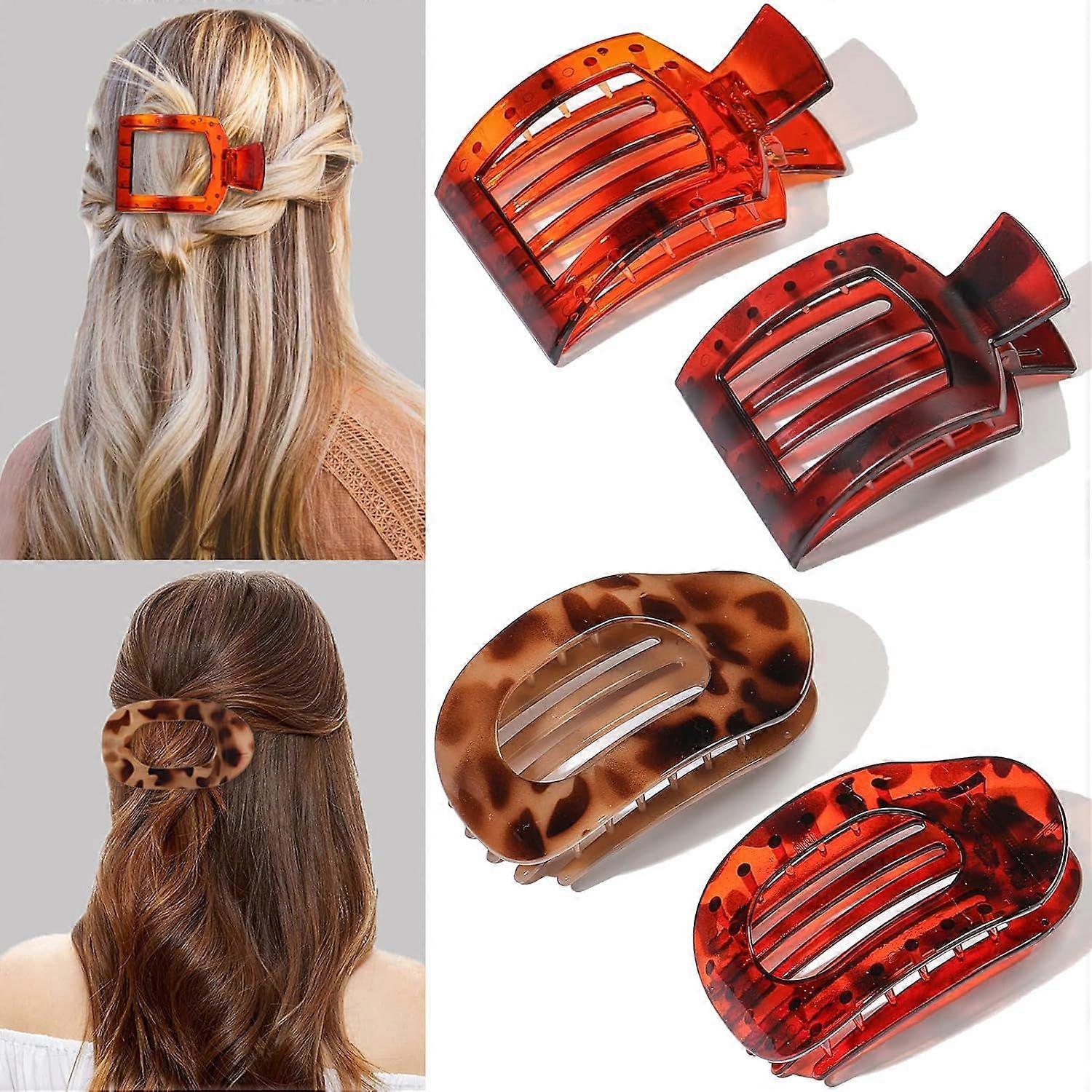 4 PCS Flat Hair Clips, Lay Flat Hair Claw Clips for Women, 2 Styles Medium Tortoise Claw Clips for Thick and Thin Hair, Strong Hold Non-Slip Claw Clip
