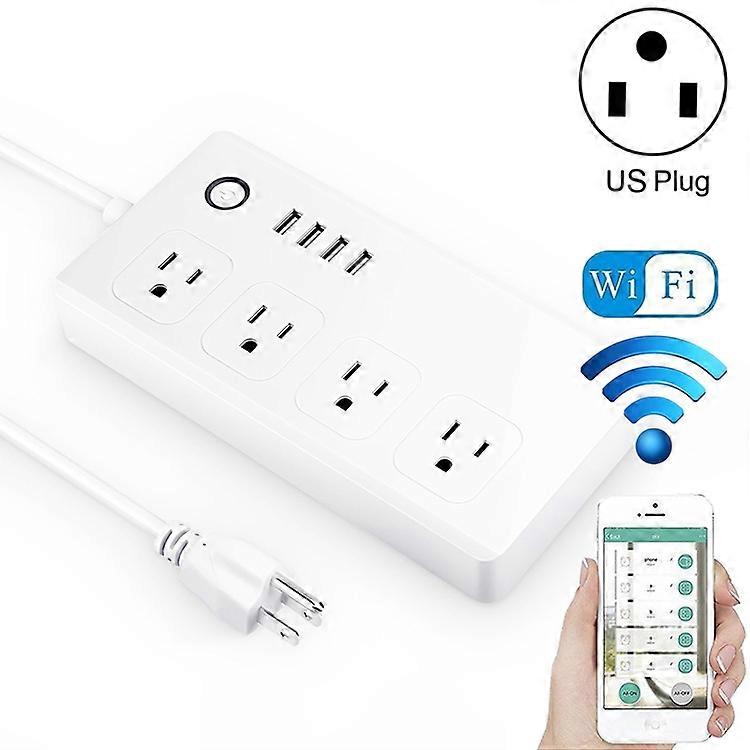4 x USB Ports + 4 x US Plug Jack WiFi Remote Control Smart Power Socket Works with Alexa & Google Home, AC 110-240V, US Plug