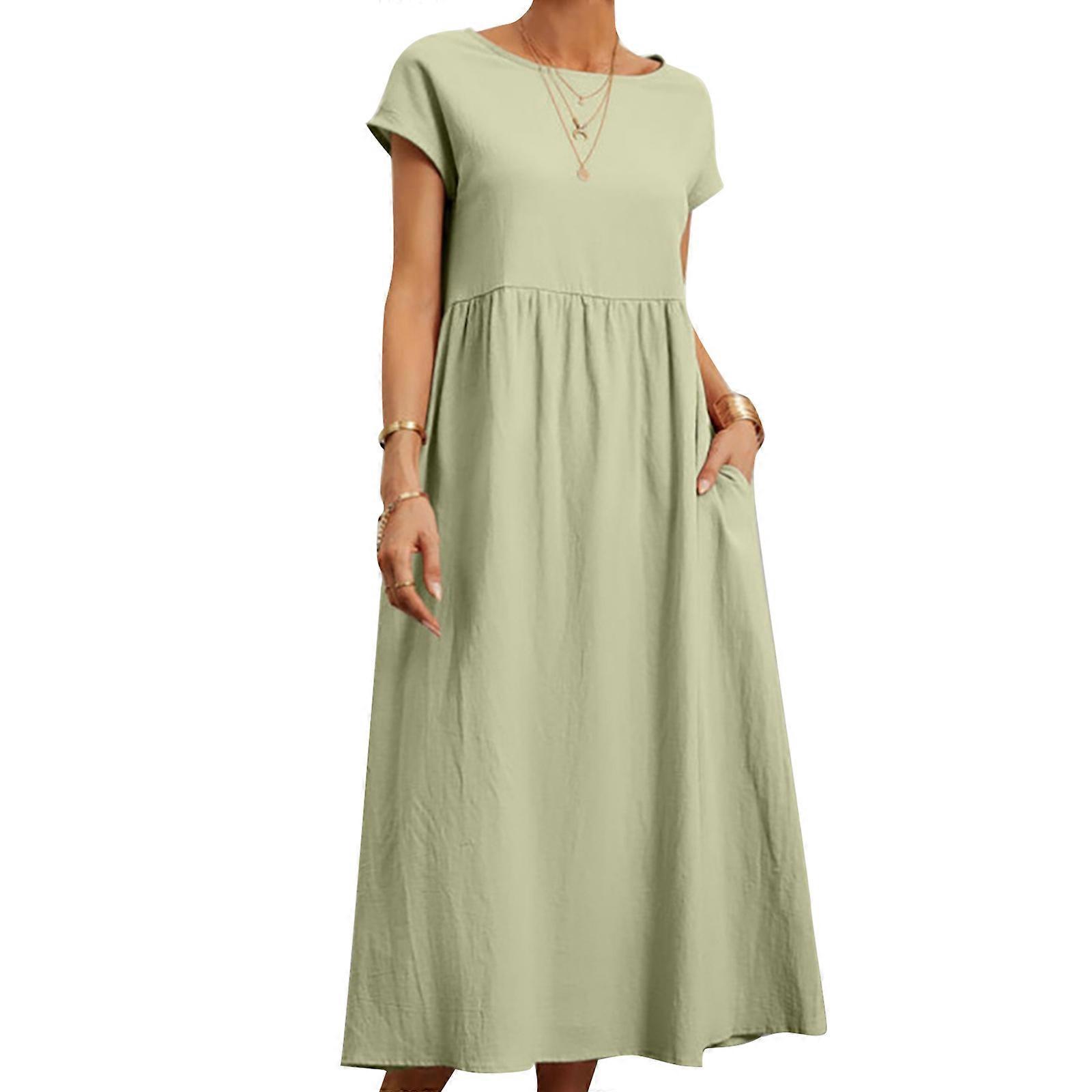 Femmes Robe D’été En Coton Lin À Manches Courtes Col Ras du Cou Baggy Robe Caftan Robe Longue Casual Loose Sundress avec Poches Vert XL