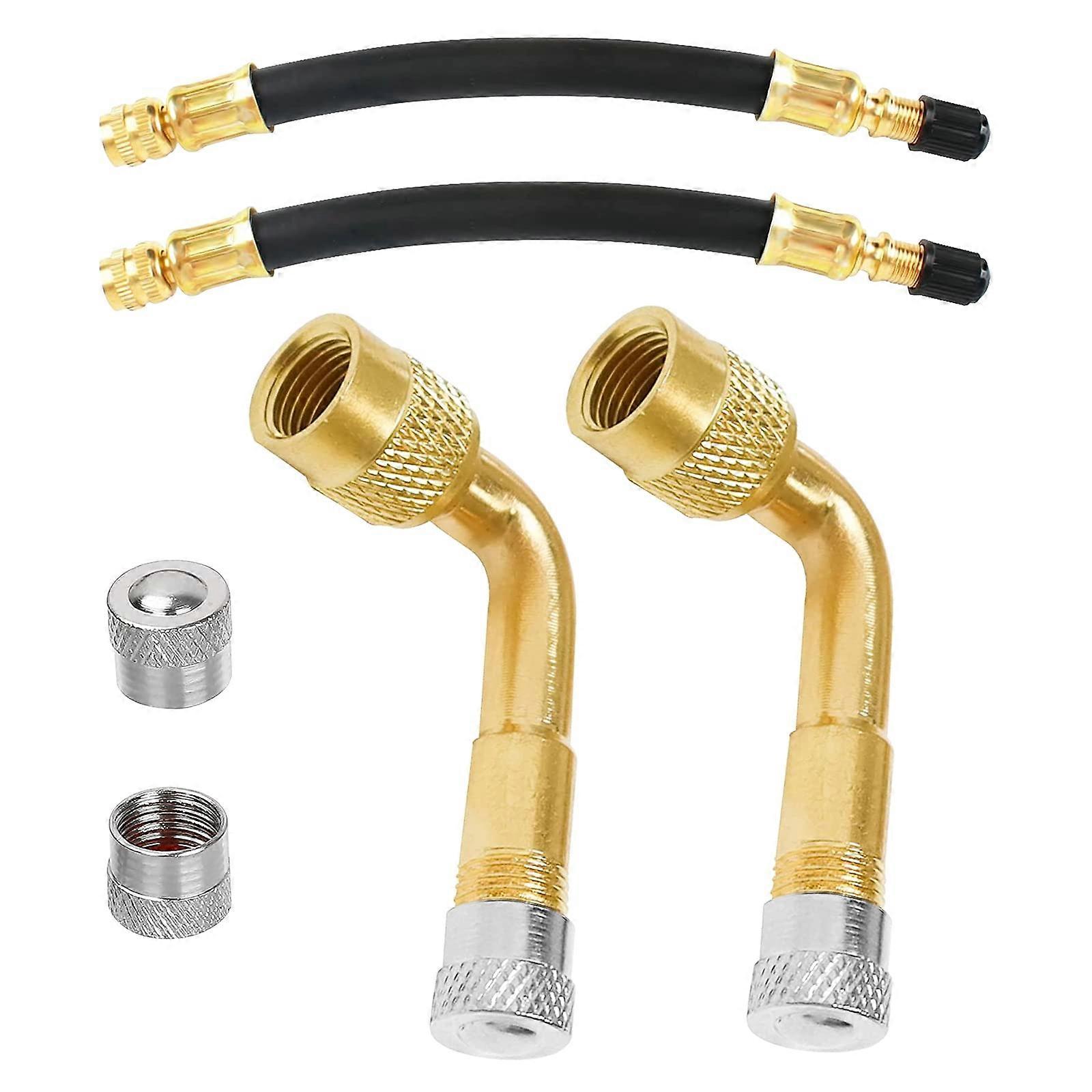 Tire valve extension adapter, 90 degrees and flexible 180mm rubber valve extension, copper and gold