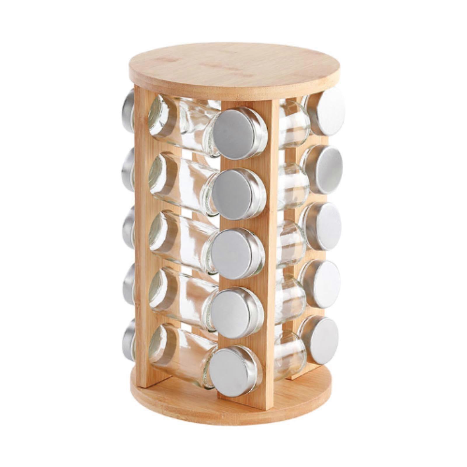 Bamboo 360° Rotating Spice Rack with 20 Jars, Kitchen Condiment Bottle Organizer, Space-Saving Spice Tower