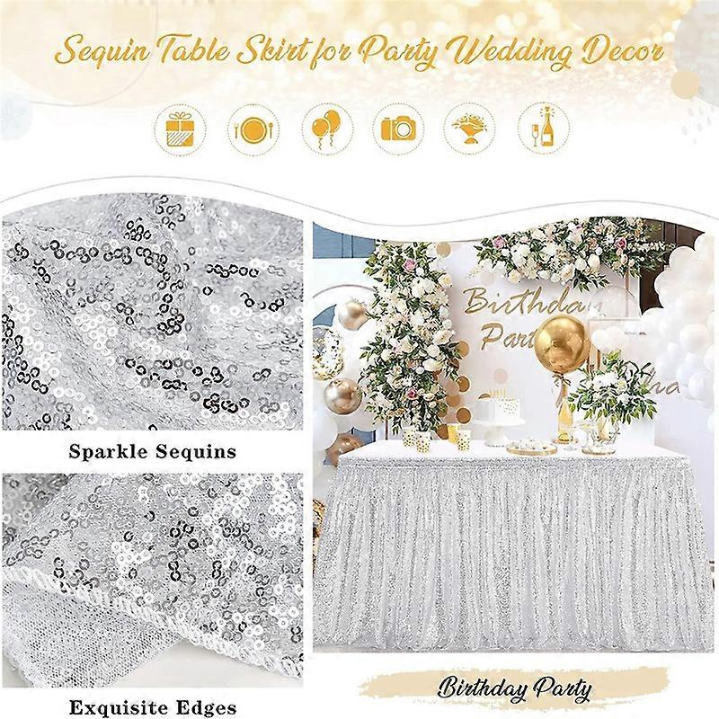 6Ft Table Skirt for Round Rectangle Table Sequin Tablecloth Silver