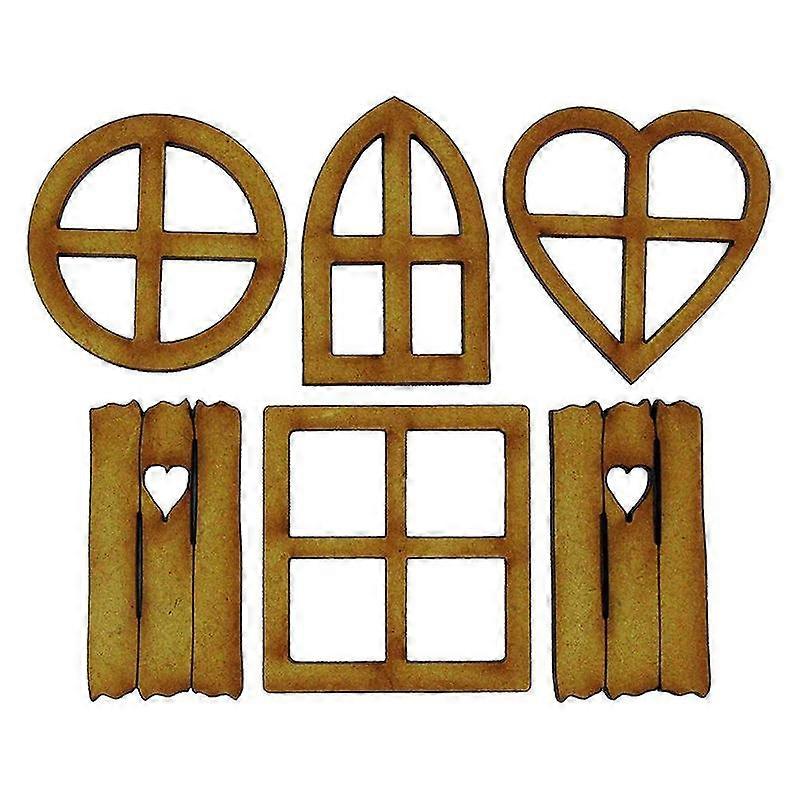 6-Piece Rustic Fairy Garden Window Set for Dollhouse with Dome Round Heart and Square Shutters