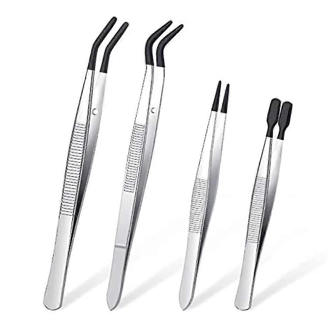 4 Pcs Rubber Tip Tweezers Set, PVC Coated