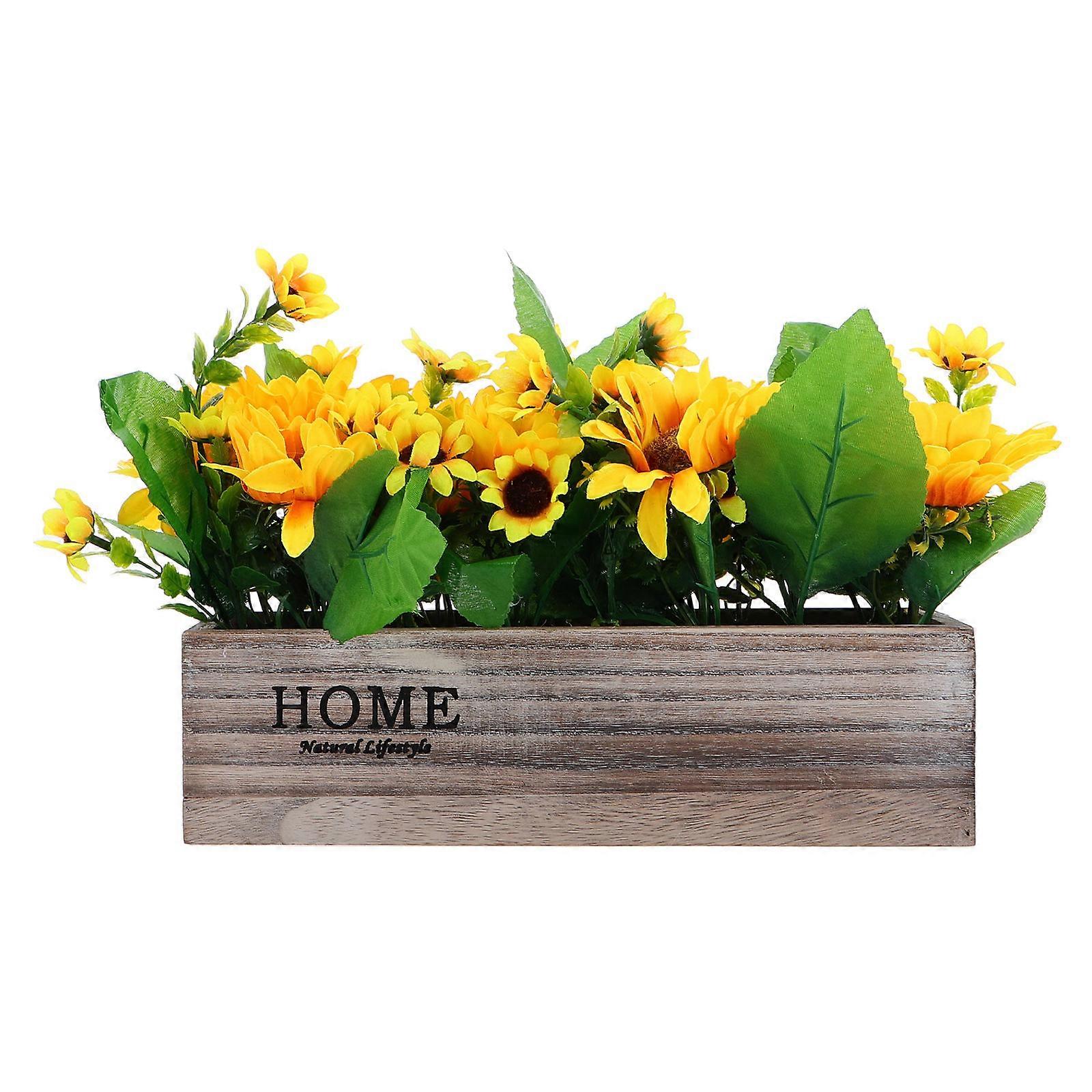 Rectangular Wooden Planter With Artificial Sunflowers Country Style Home Decoration 1Pcs