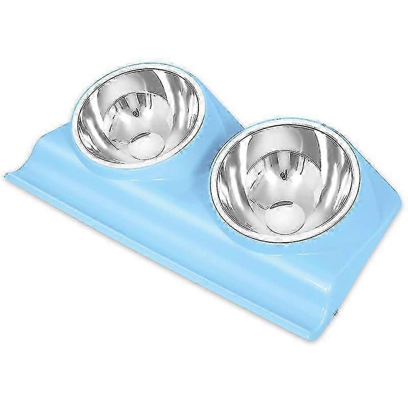 犬用キャットボウルダブルペットボウル、滑り止め樹脂ステーション付き、ブルー