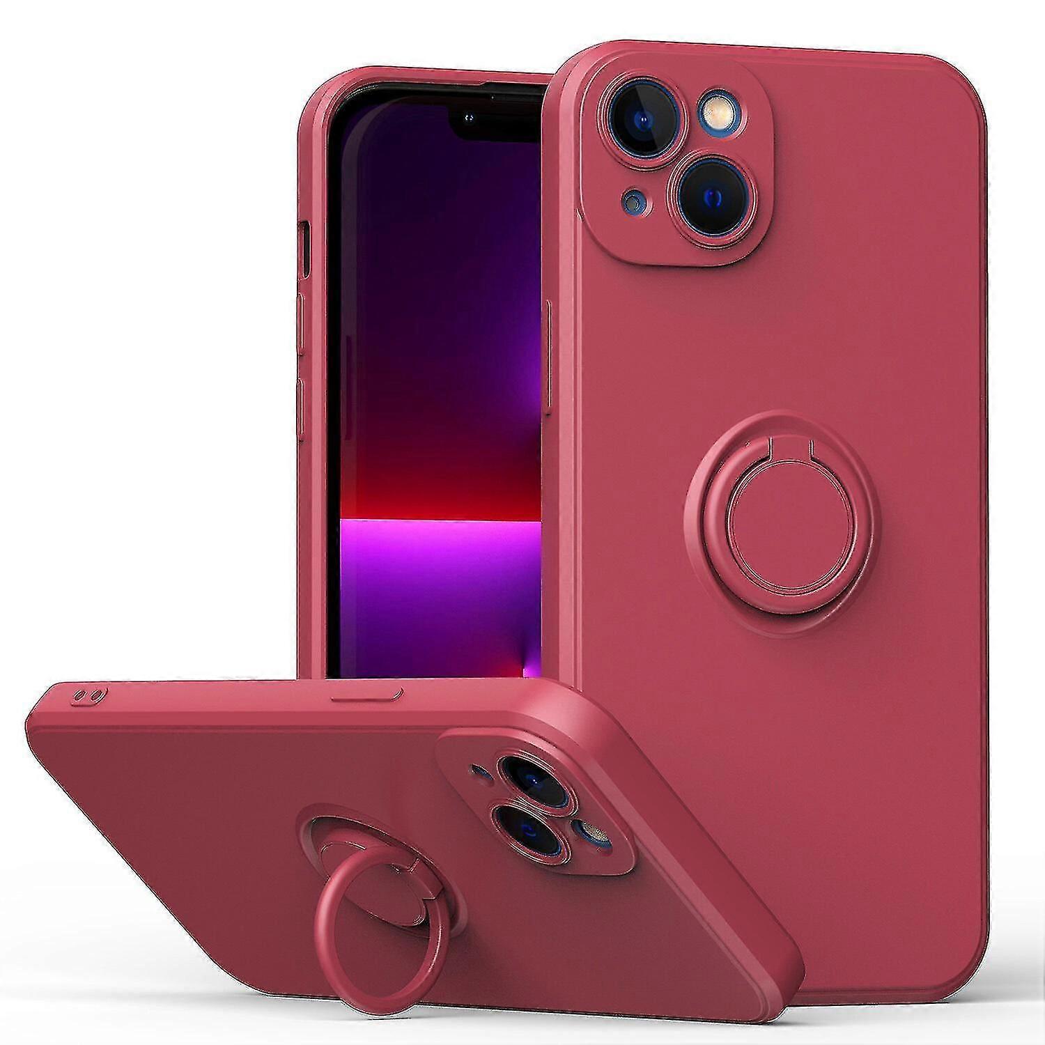 Simple Color Phone Case For Iphone 14 With Ring Stand, Metal Plate For Magnetic Charging, Shock Absorption Design, 360 Rotating Stand